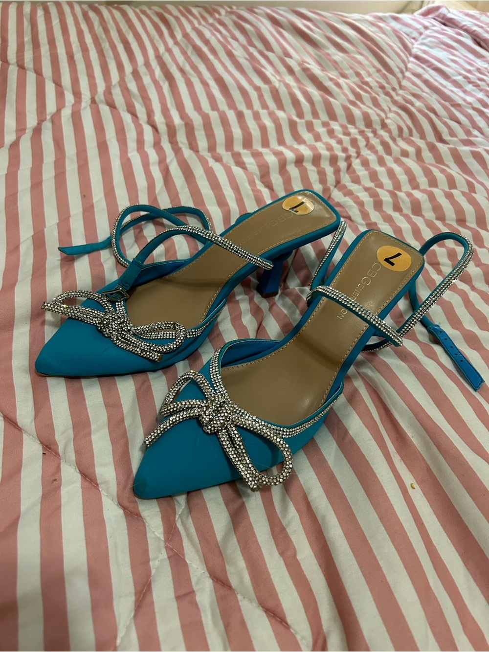 BCBGeneration Teal Crystal Bow Slingback Heels